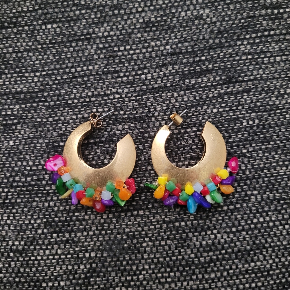 Gold Hoop Earrings with Multicolored Beads